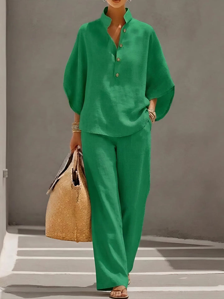 Side view of the Valentina two-piece set highlighting the wide-leg pant drape and relaxed fit