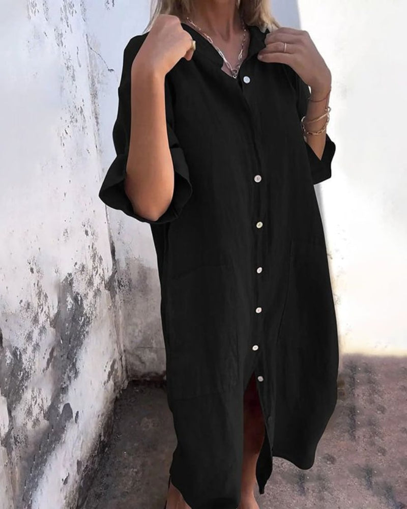 Front view of the Valerie boho shirt dress showing its lightweight drape and button-front detail