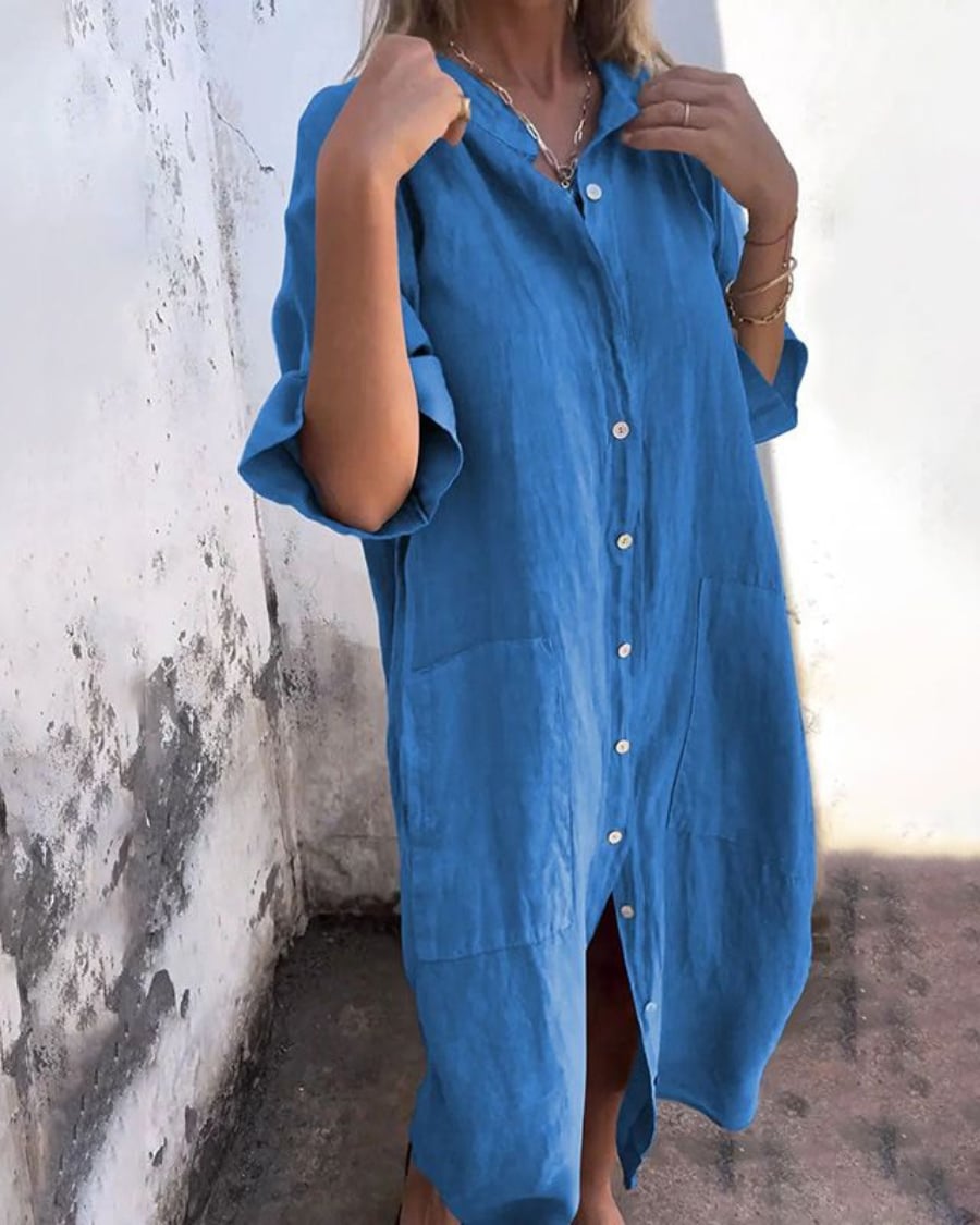 Side view of the boho shirt dress highlighting the relaxed fit and graceful length