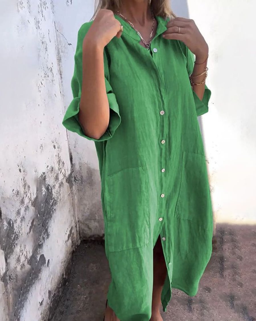 Close-up of the shirt dress fabric showing its lightweight, breathable texture