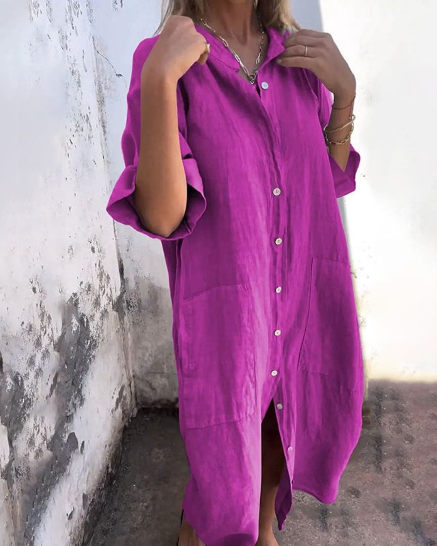 Model wearing the boho shirt dress open as a tunic over casual bottoms