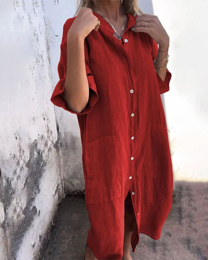 Back view of the Valerie boho shirt dress showing the flowing silhouette and hem length