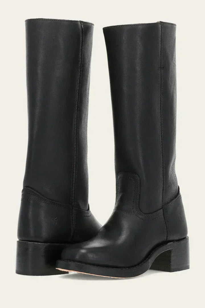 Khaki knee-high boots with structured sole, three-quarter angle view