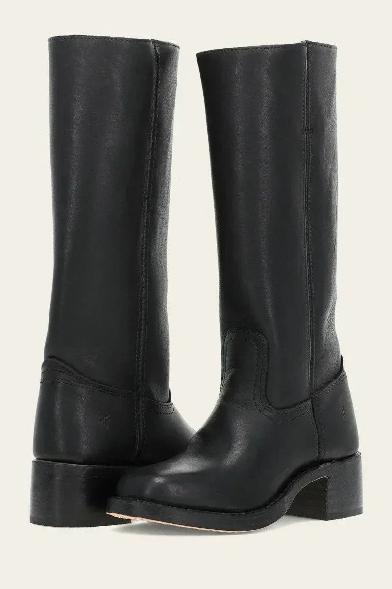 Khaki knee-high boots with structured sole, three-quarter angle view
