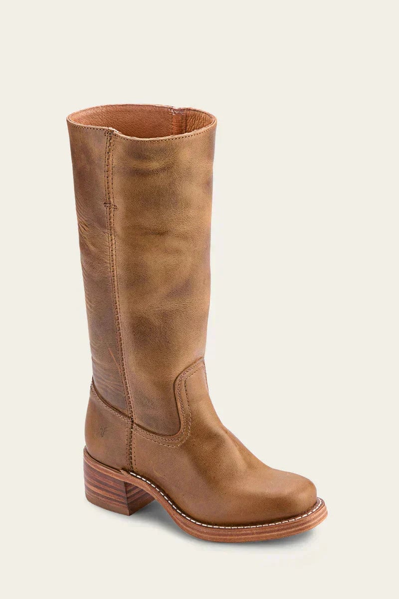 Close-up of structured sole detail on brown knee-high boots