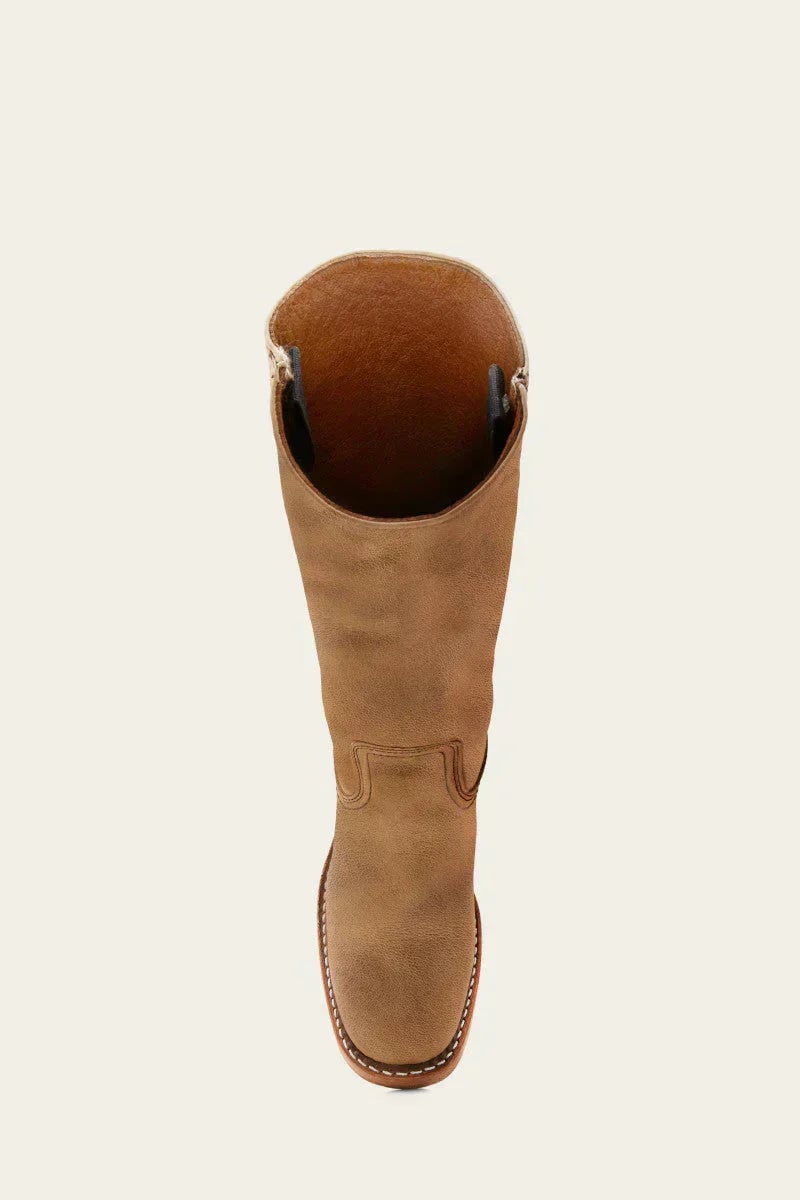Khaki knee-high boots shown flat lay on neutral background