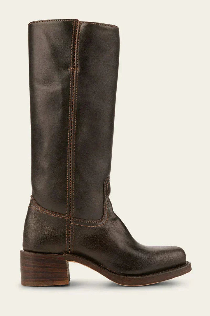 Brown knee-high boots back view highlighting structured heel