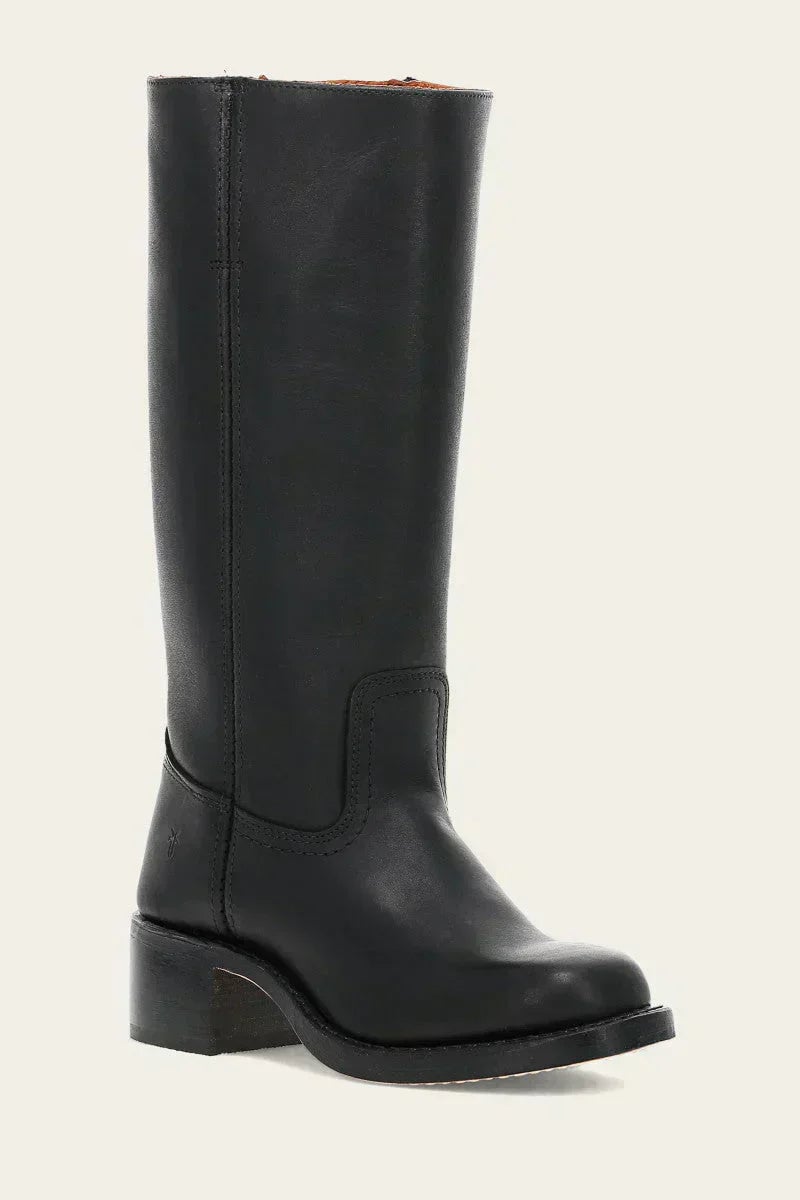 Close-up of boot toe box on slim-fit knee-high boots