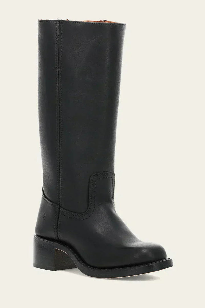 Close-up of boot toe box on slim-fit knee-high boots