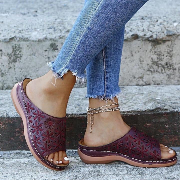Vanilla women's orthopedic cushioned flat sandals in wine red with vintage strap detailing, front view