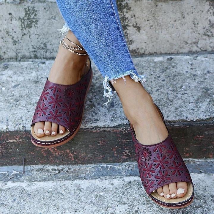 Vanilla women's flat sandals in brown, side view showing vintage-inspired detailing