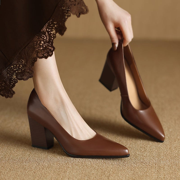 Venetia brown block heel pump with pointed toe, side view on white background