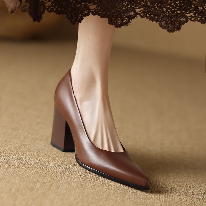 Venetia brown block heel pump back view highlighting wide stable heel
