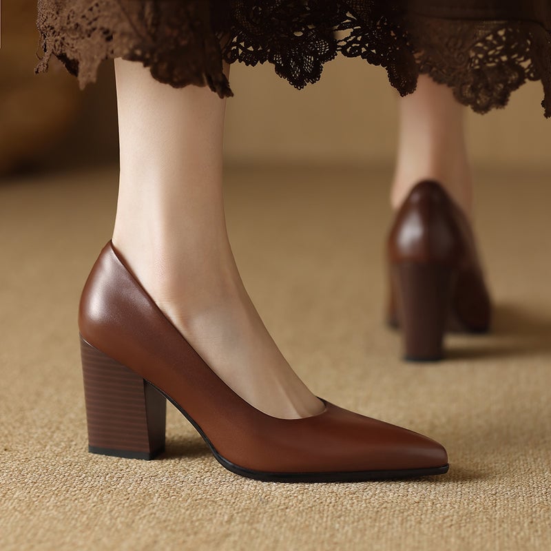 Venetia brown block heel pump top-down view showing smooth structured upper