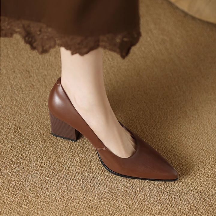 Venetia brown block heel pump styled with tailored trousers