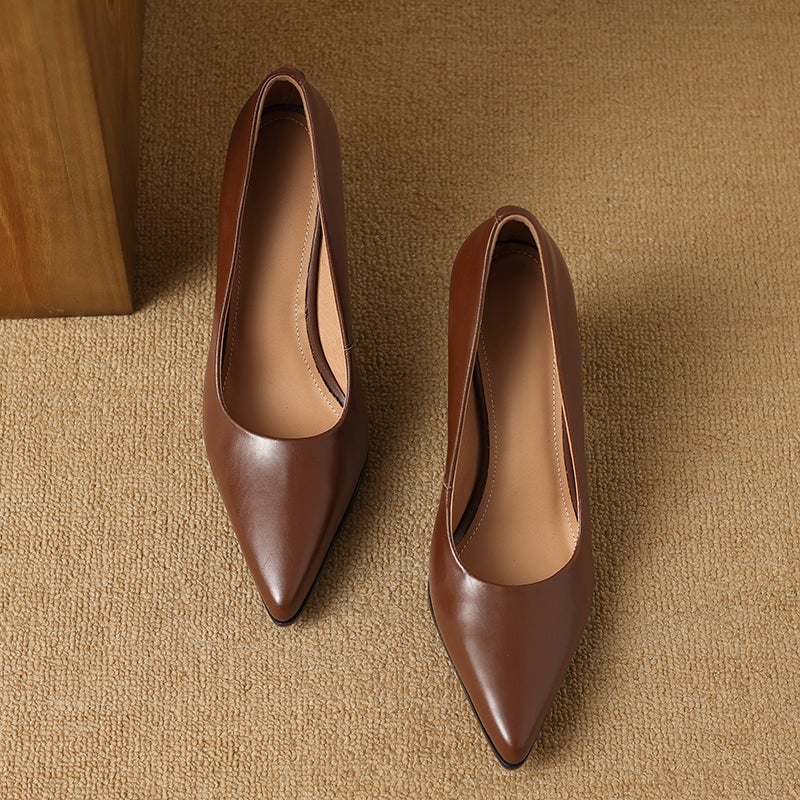 Venetia brown block heel pump pair flat lay on neutral background