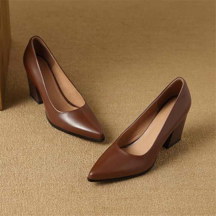 Venetia brown block heel pump close-up of pointed toe detail