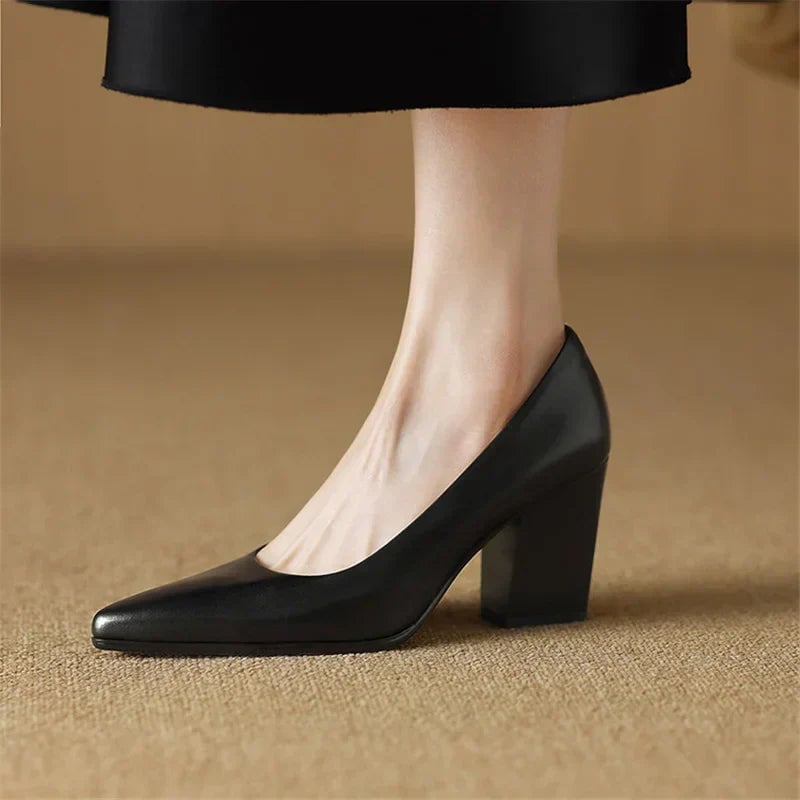 Venetia black block heel pump back view highlighting wide stable heel