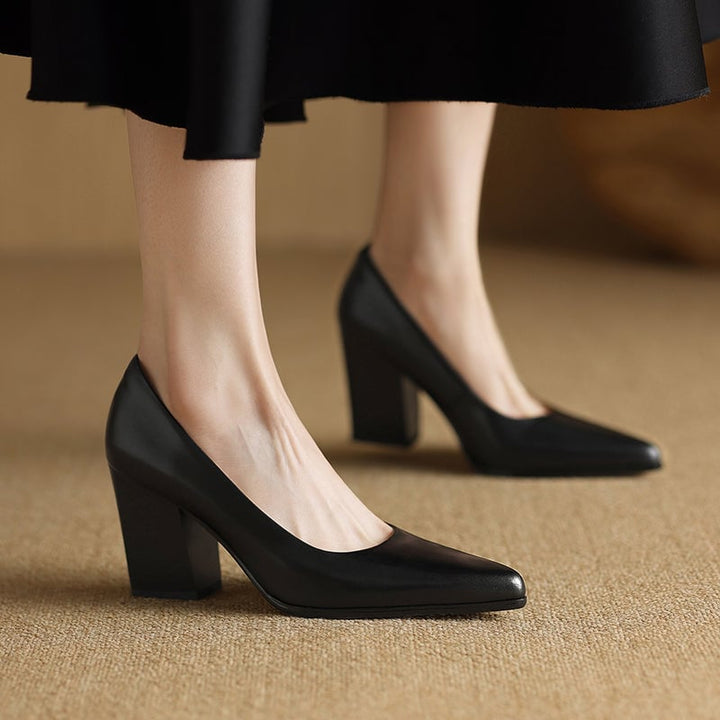 Venetia black block heel pump top-down view showing smooth structured upper
