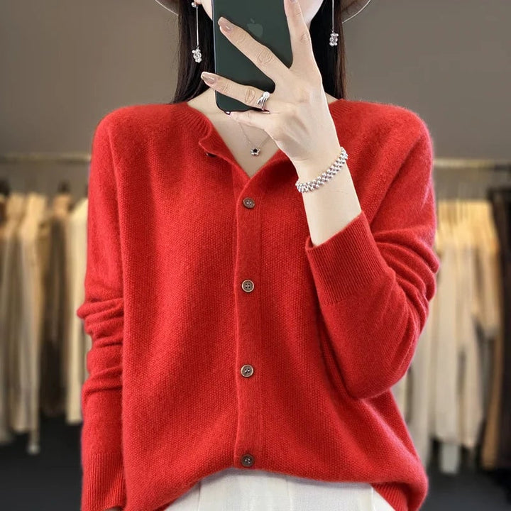 Front-facing model showcasing the relaxed yet polished silhouette of the buttoned cardigan
