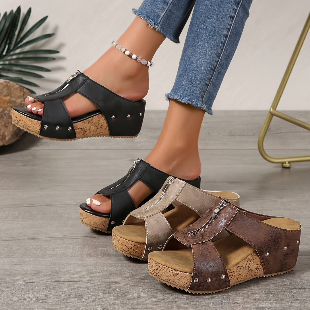 Vera women's platform slip-on wedge sandals in light brown, front three-quarter view