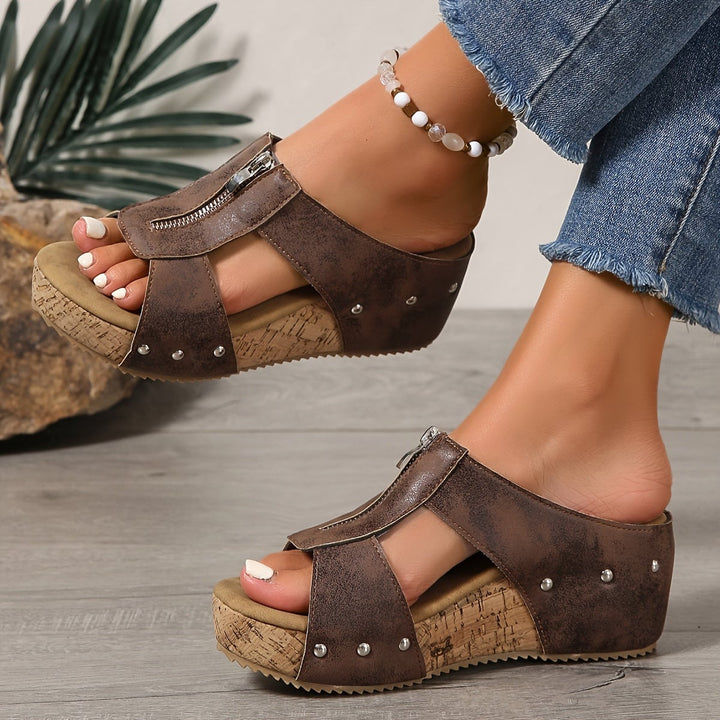 Vera platform wedge sandals in black, front three-quarter view