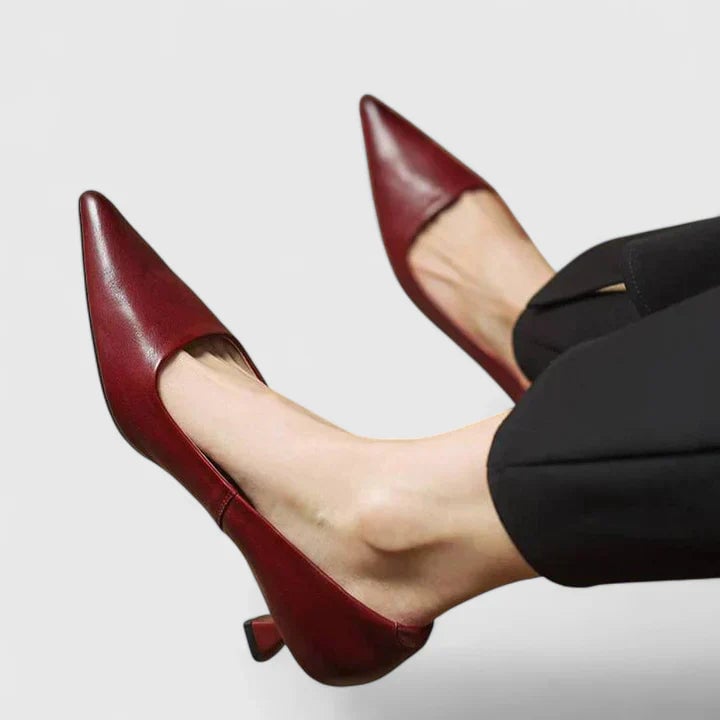 Vera burgundy pointed toe slingback kitten heels, full side view on white background
