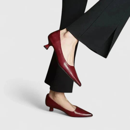 Top-down view of the Vera slingback kitten heel in burgundy highlighting the tapered toe shape