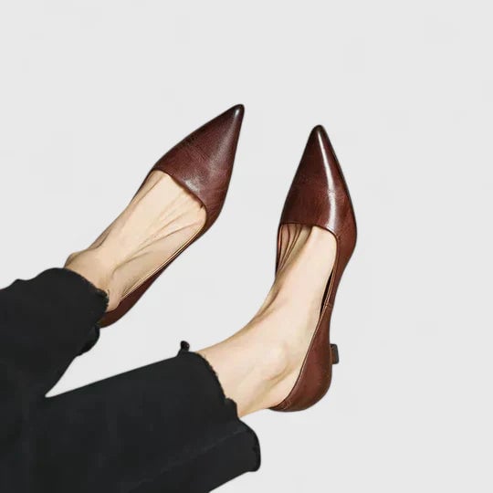 Side profile of the Vera slingback kitten heel in brown showing the low heel height