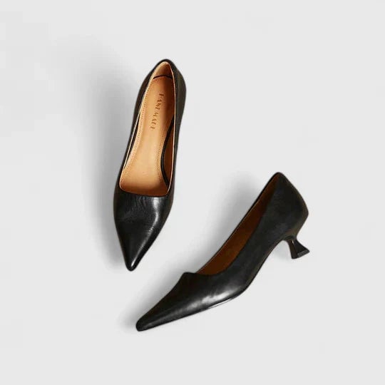 Flat lay of all four Vera slingback kitten heel color options: burgundy, brown, black, and beige