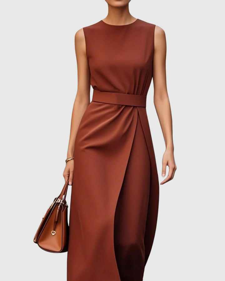 Vera sleeveless twist waist midi dress in dark brown with asymmetric draped skirt and side slit