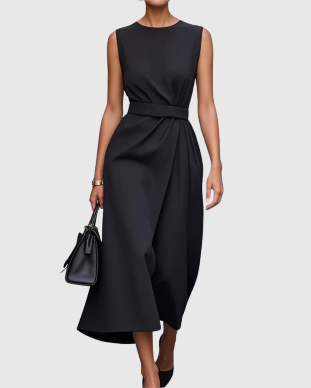 Front view of Vera midi dress showing sculptural knotted waist detail and round neckline