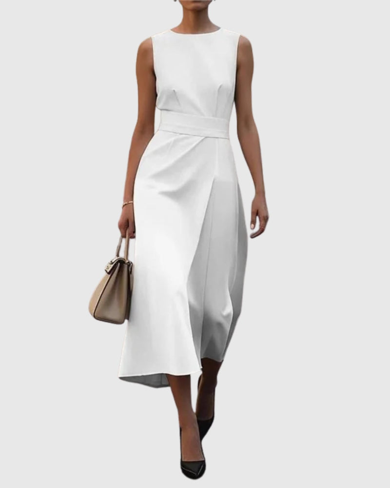 Side view of Vera sleeveless midi dress highlighting draped skirt and side slit movement