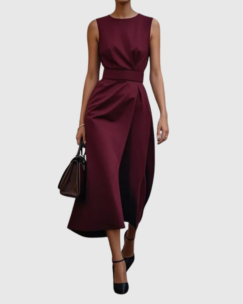 Close-up of twisted knot waist detail on the Vera midi dress