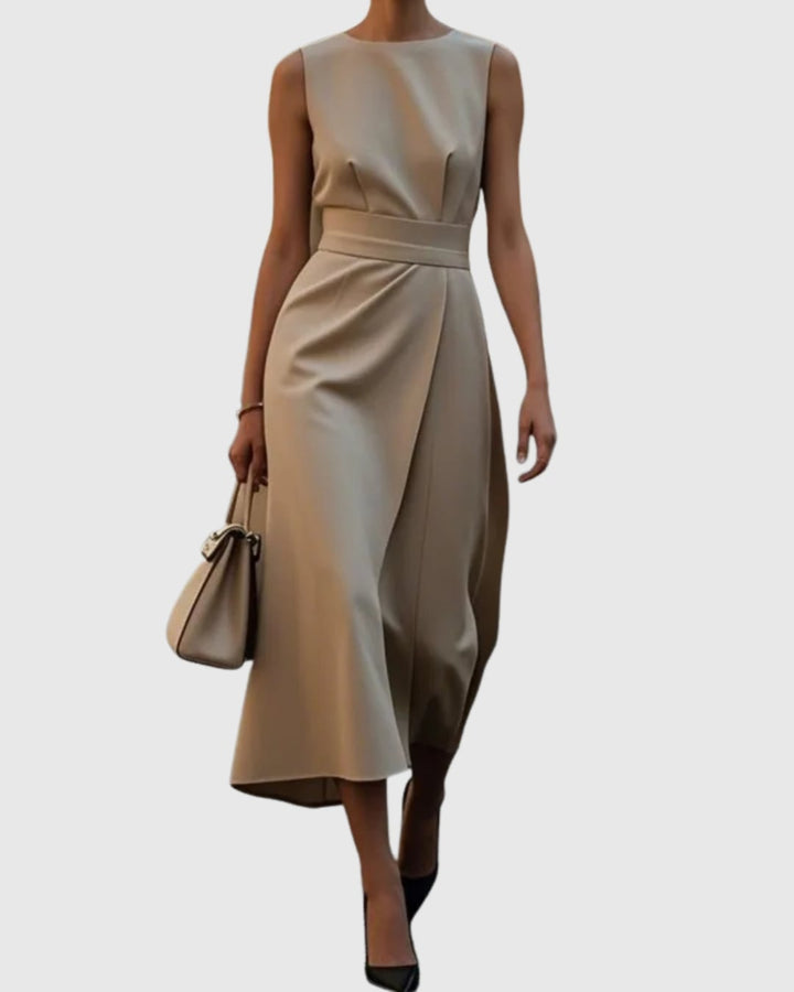 Vera midi dress in navy blue sleeveless style with draped asymmetric skirt