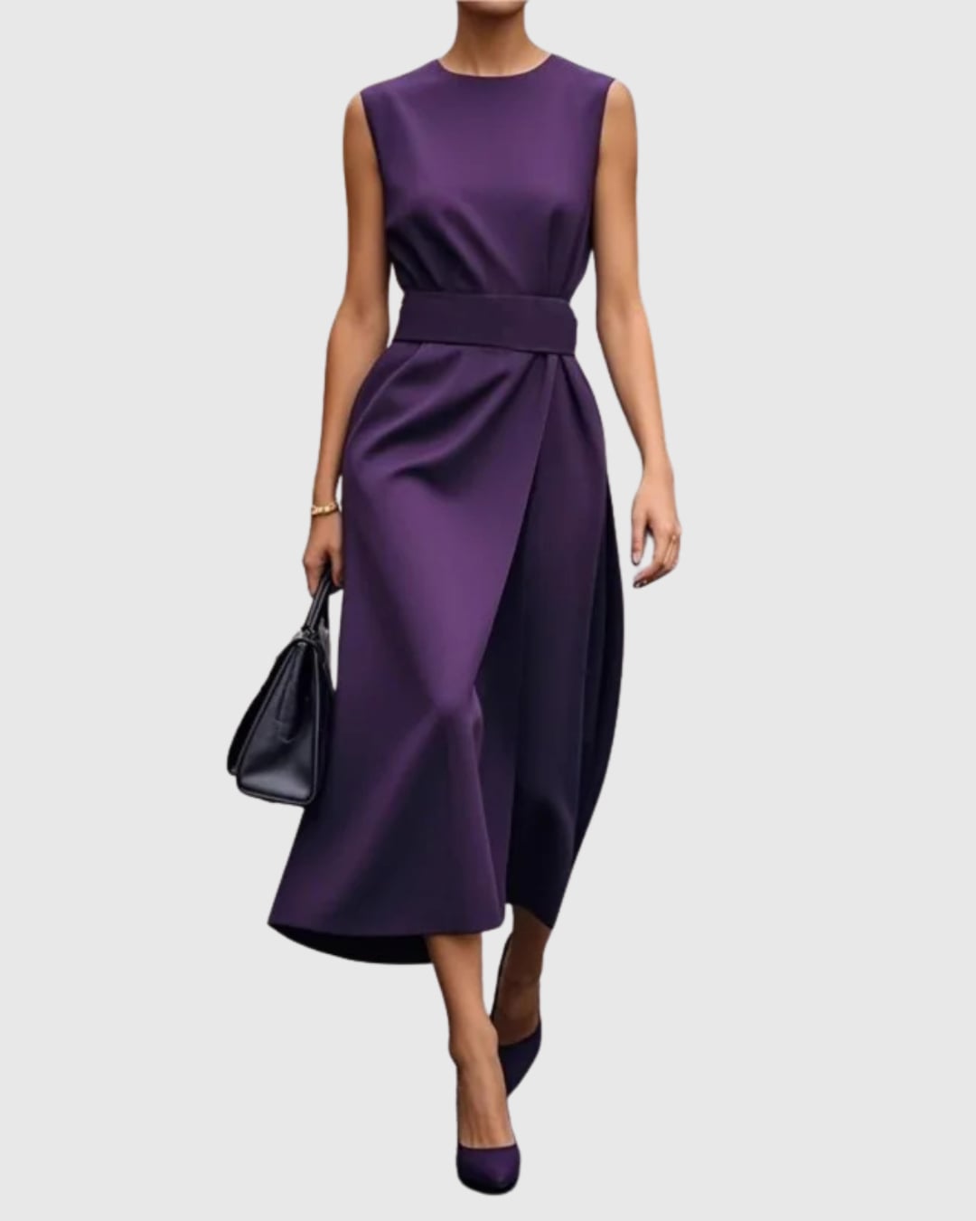 Full-length view of Vera midi dress in white with flowing draped skirt