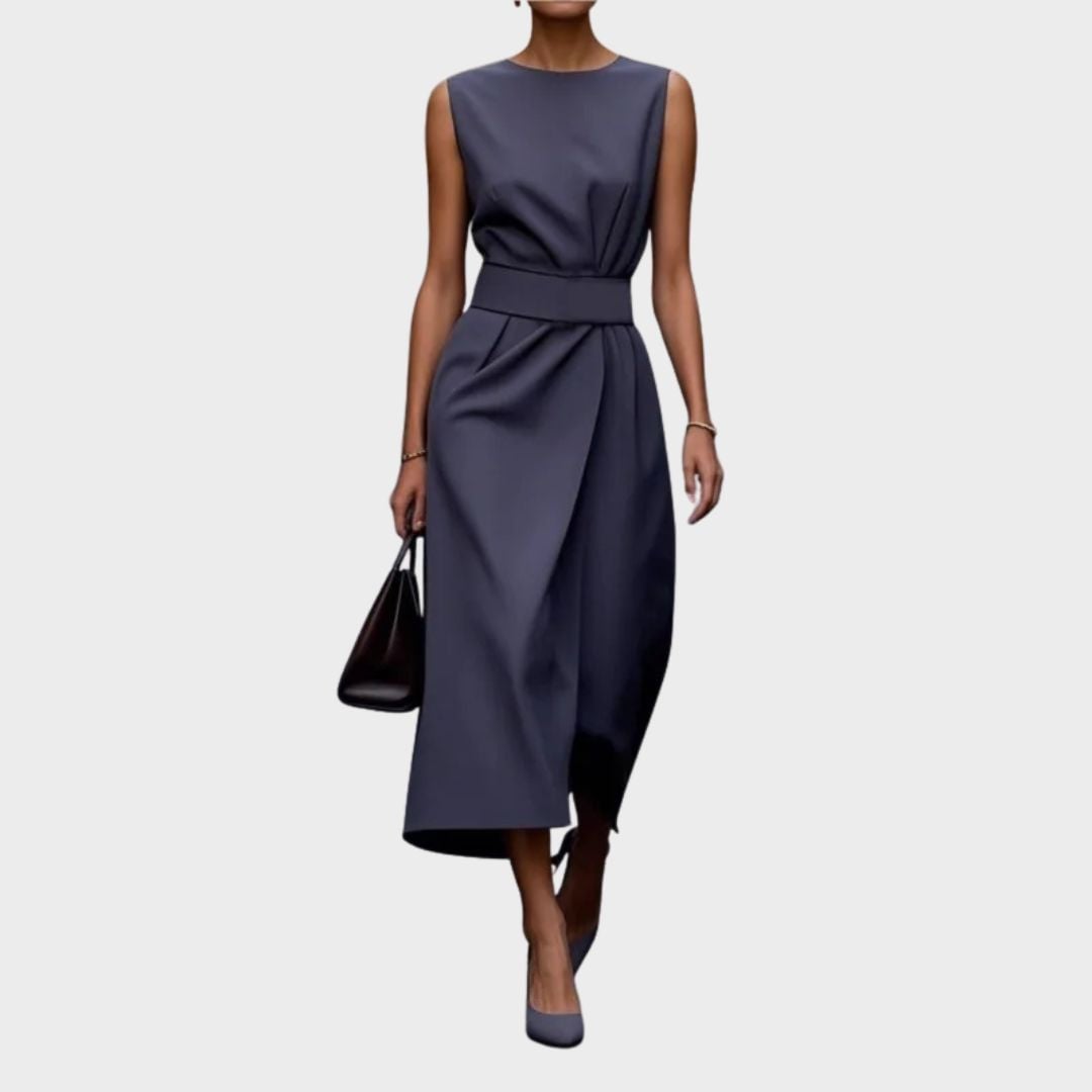 Vera midi dress in black showcasing the fitted twist waist silhouette