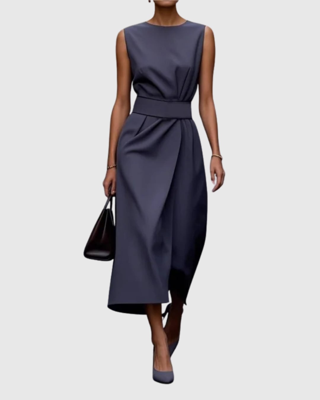 Vera sleeveless midi dress in khaki styled for a polished daytime occasion
