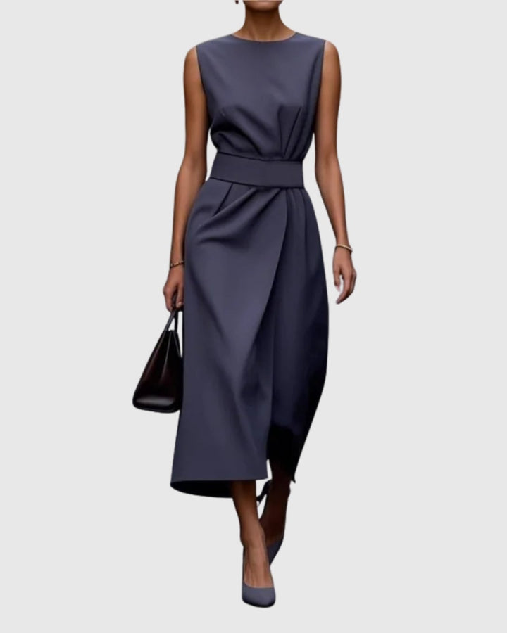 Vera sleeveless midi dress in khaki styled for a polished daytime occasion