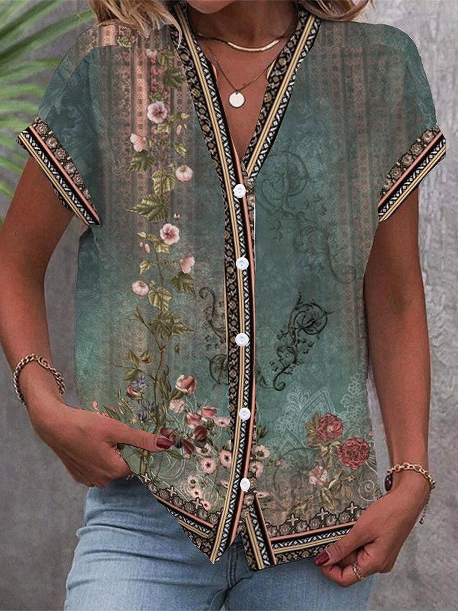 Vera vintage floral print V-neck button-down blouse in sage green with botanical vine print and tribal border trim detail
