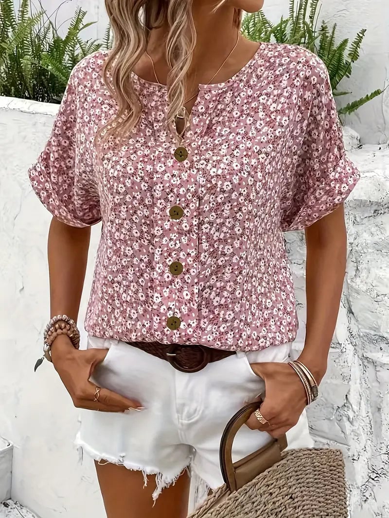 Side view of the flowy floral blouse showing its relaxed, flattering fit