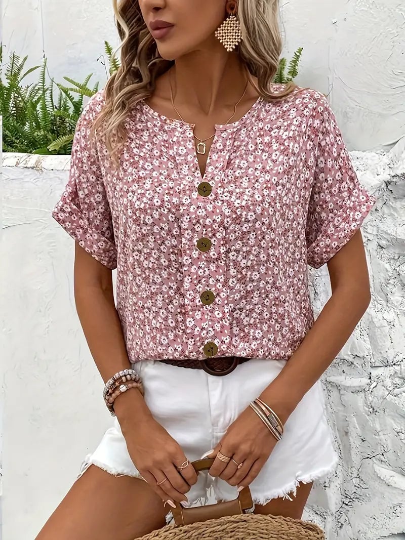 Size and fabric detail graphic for the chic floral print blouse available in sizes S to 5XL