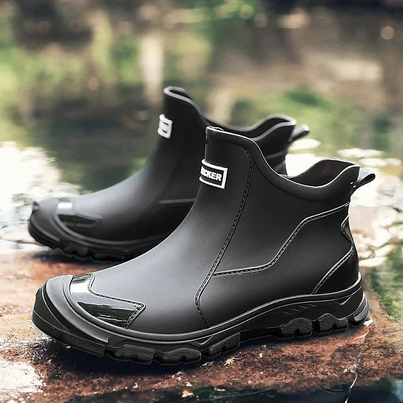 Front view of Canyon knee-high rain boots in black with a sleek waterproof finish