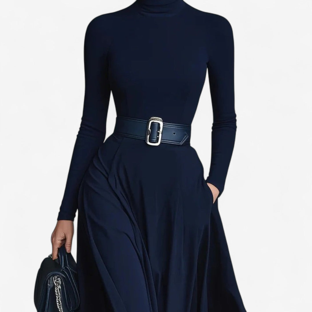 Full-length back view of a blue high neck maxi dress showing the graceful flowing silhouette