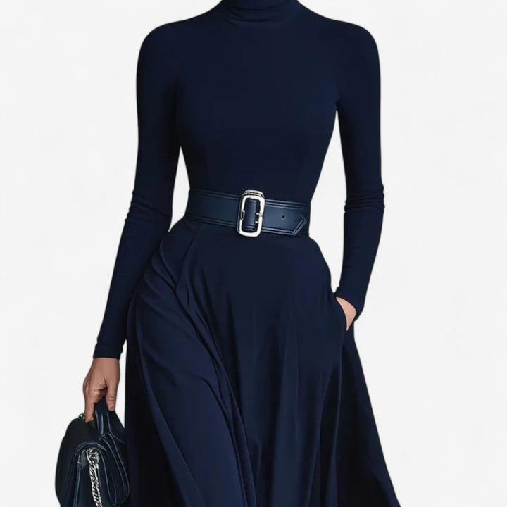 Full-length back view of a blue high neck maxi dress showing the graceful flowing silhouette