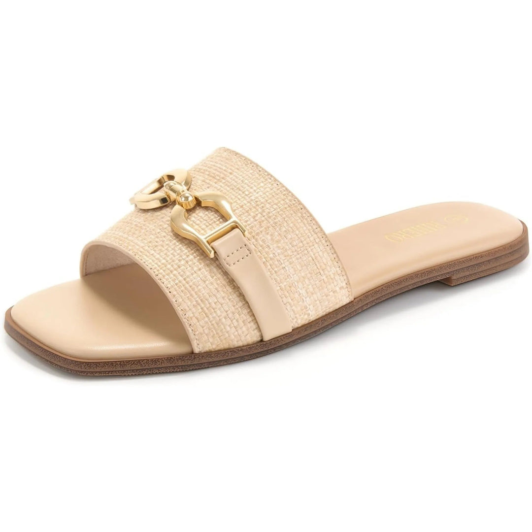 Veronica women's adjustable buckle sandals in beige with gold buckle detail, front view