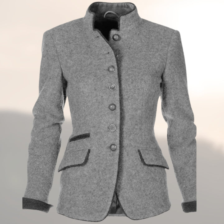 Front view of the Victoria handcrafted jacket in grey with structured fit and delicate detailing