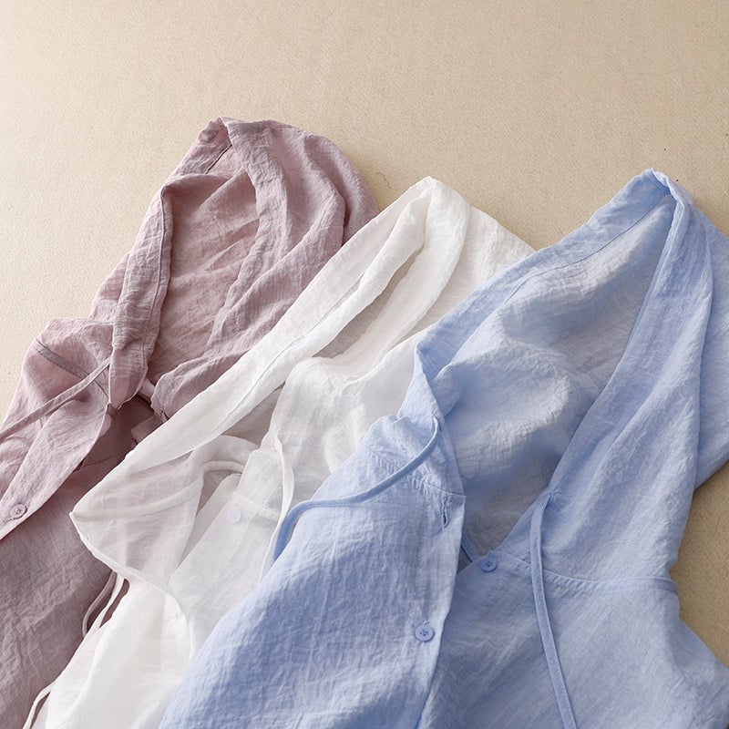 Animated gif showing the lightweight button hoodie styled in multiple ways for warm-weather looks