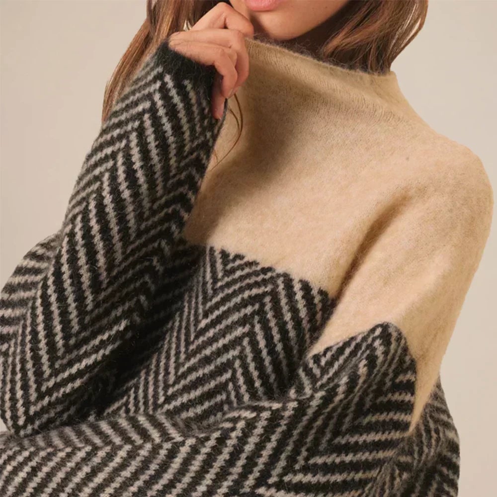 Detail shot of the Vienna turtleneck sweater neckline and fine twisted fabric texture