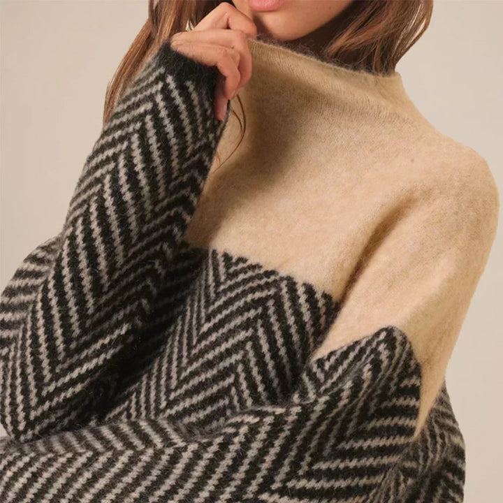 Detail shot of the Vienna turtleneck sweater neckline and fine twisted fabric texture